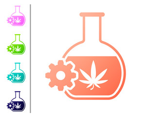 Coral Chemical test tube with marijuana or cannabis leaf icon isolated on white background. Research concept. Laboratory CBD oil concept. Set color icons. Vector Illustration
