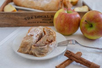 Apple strudel with apples, cinnamon