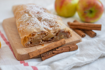 Apple strudel with apples, cinnamon