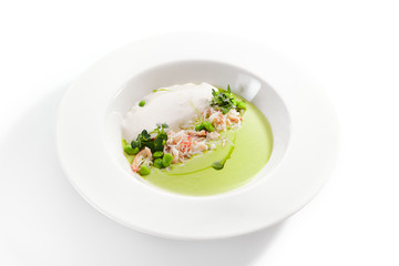 Green Pea Soup with Crab and Coconut Espuma