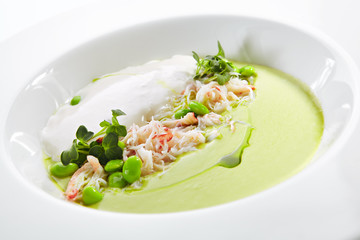 Green Pea Soup with Crab and Coconut Espuma