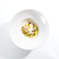 Crab Meat Ravioli and Porcini Mushroom Espuma