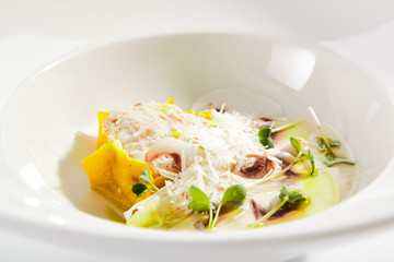 Crab Meat Ravioli and Porcini Mushroom Espuma