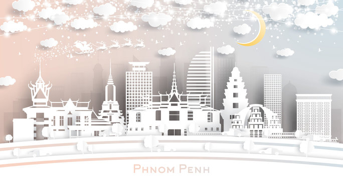 Phnom Penh Cambodia City Skyline in Paper Cut Style with Snowflakes, Moon and Neon Garland.