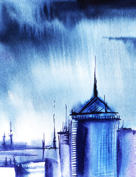 Watercolor landscape. Panorama of city in the rain. Stormy dark sky streams of rain. The silhouette of the metropolis. The picture is in blue tones. Gradient fill of the sky. Hand drawn illustration
