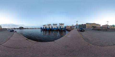 Saint-Petersburg 2019 3D spherical panorama with 360 viewing angle ready for virtual reality or VR. Full equirectangular projection. Night at the city center. Annunciation bridge. Neva with a ships