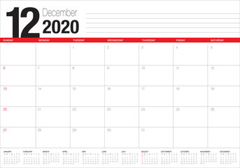 December 2020 desk calendar vector illustration