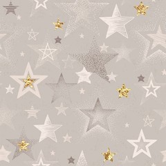Christmas seamless pattern with hand-drawn stars beige, brown colors and texture golden foil. Holiday vector illustration for wrapping paper, textile or wallpaper.