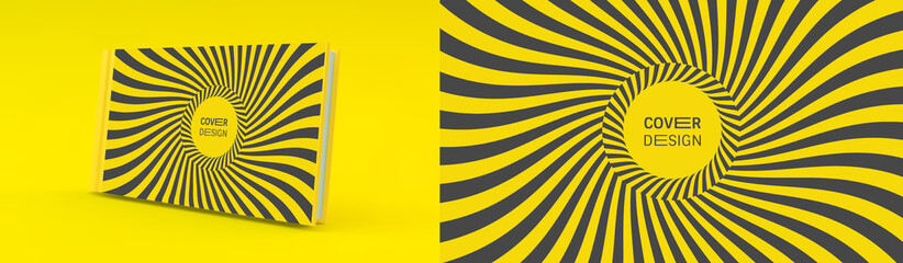 Cover design template. Black and yellow pattern with optical illusion. Applicable for placards, banners, book covers, brochures, planners or notebooks. 3d vector illustration.