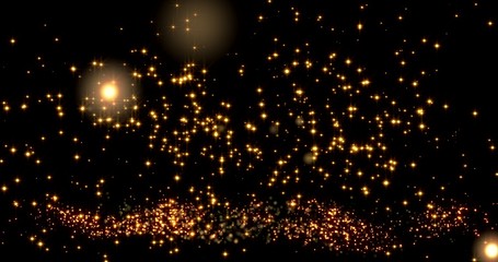 Golden confetti bokeh lights on the black background. 3d illustration