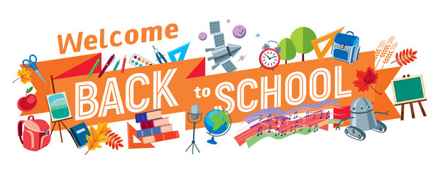 Welcome Back to School. An inscription on a blackboard tape surrounded by school subjects. Vector full color graphics. Vector full color graphics