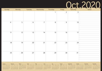 October 2020 desk calendar vector illustration