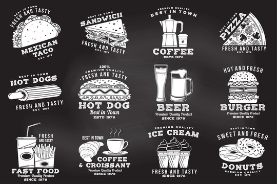 Set of fast food badge on the chalkboard. Vintage design with hotdog, burger, pizza for cafe, restaurant, pub or fast food business. Template for restaurant identity objects, packaging and menu