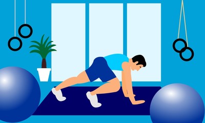 Young sporty man doing exercises in gym. Man exercising training. People vector illustration. - 290895421