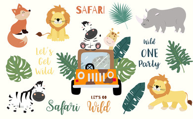 Safari object set with fox,giraffe,zebra,lion,leaves,car. illustration for logo,sticker,postcard,birthday invitation.Editable element - obrazy, fototapety, plakaty
