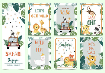 Green,gold collection of safari background set with lion,monkey,giraffe,zebra,geometric vector illustration for birthday invitation,postcard,logo and sticker.Wording include wild one,wild and free © piixypeach