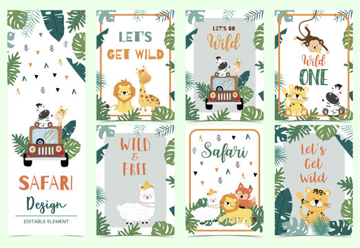 Green,gold collection of safari background set with lion,monkey,giraffe,zebra,geometric vector illustration for birthday invitation,postcard,logo and sticker.Wording include wild one,wild and free