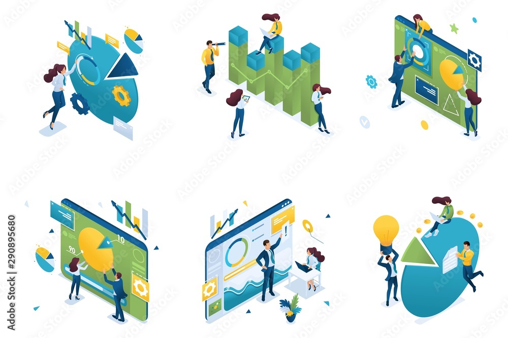 Fototapete set of isometric concepts on the theme data analysis and chart for research. for landing page concep