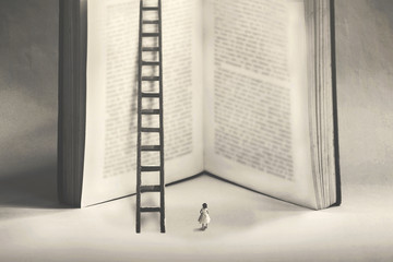 little woman undecided whether to climb the  knowledge of a giant book