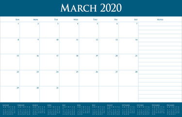 March 2020 desk calendar vector illustration