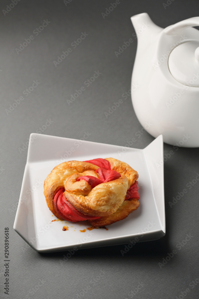 Wall mural sweet cinnamon breakfast bun and tea