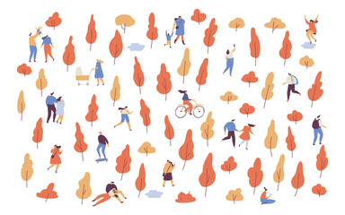 Autumn landscape. Various people at autumn park background. Leisure outdoor activities - walking dog, playing with ball, jogging, reading, picnic. Cartoon style flat vector illustration.