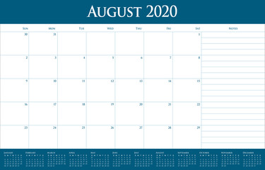 August 2020 desk calendar vector illustration