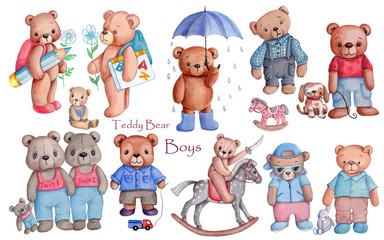 Teddy bear boys, watercolor hand draw illustrations, isolated.