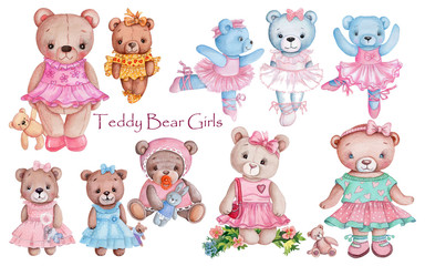 Watercolor teddy bears girls. 
