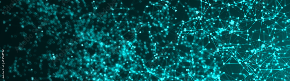 Poster abstract connection of dots with bokeh on black background generated by computer. widescreen 3d rend