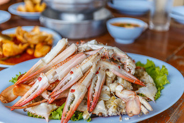 Crabs cooked food famous in thailand, steamed crabs boiled local seafood and spicy seafood sauce