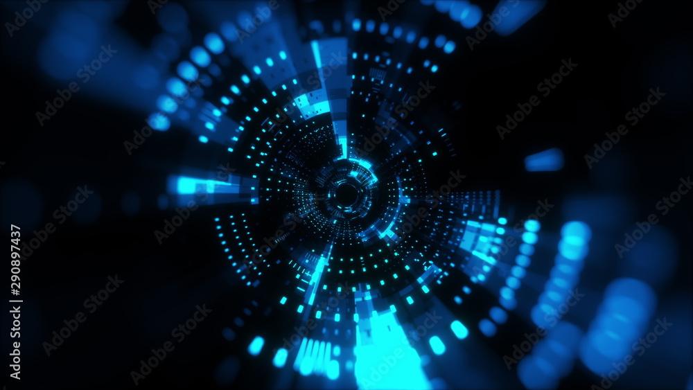 Poster fantastic abstract background of a cylindrical tunnel made of microchips. computer generated 3d rend