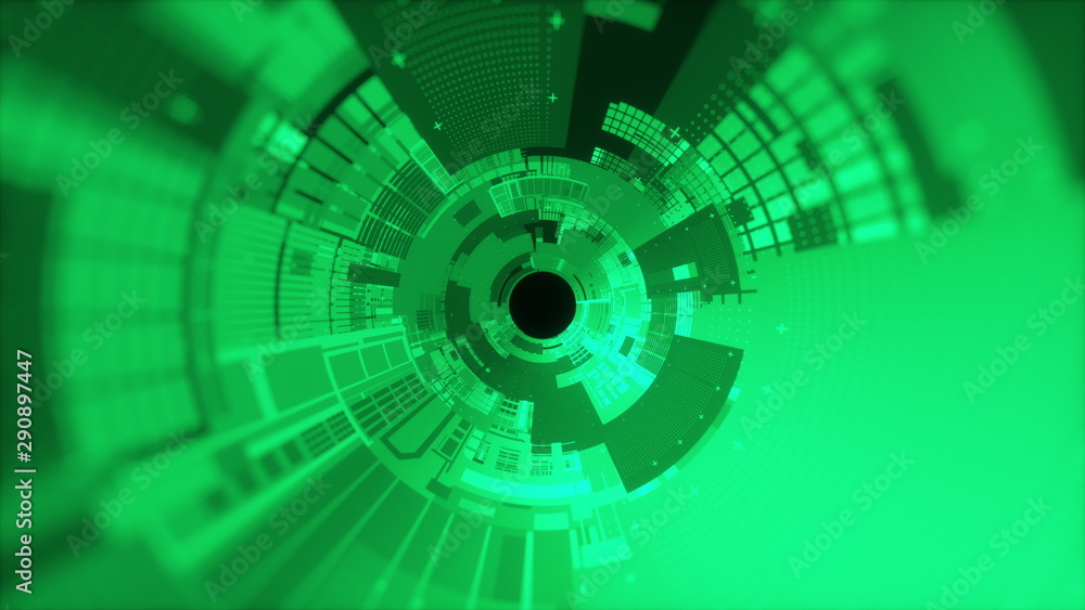 Poster fantastic abstract background of a cylindrical tunnel made of microchips. computer generated 3d rend