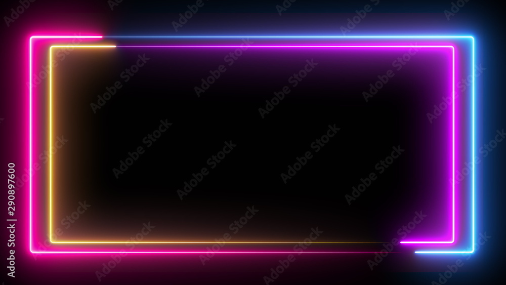 Aufkleber computer generated color animation. 3d rendering neon frame of blue and pink colors on a black backg