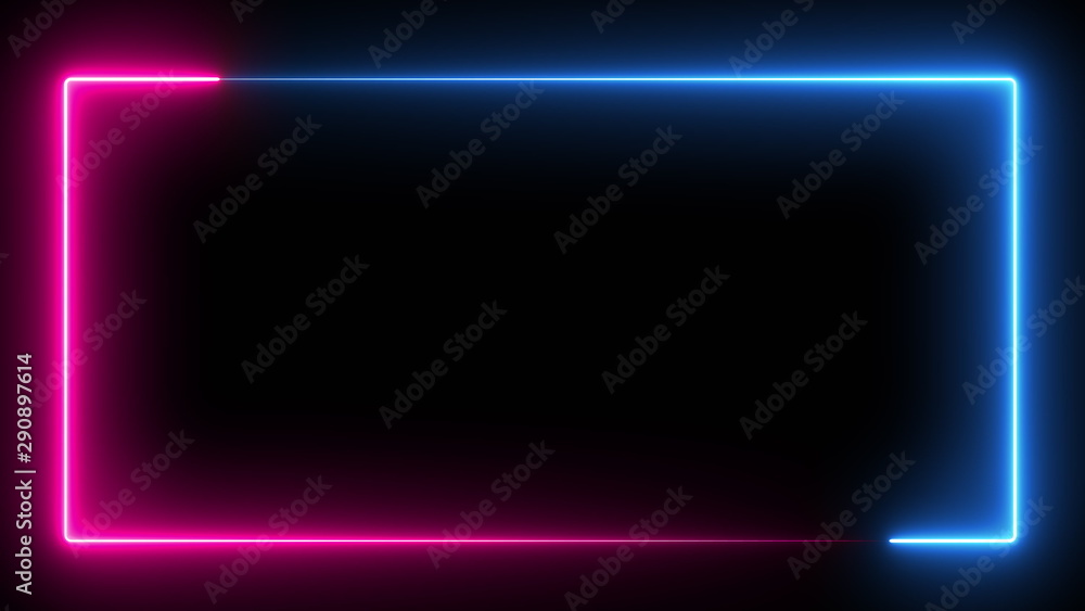 Poster computer generated color animation. 3d rendering neon frame of blue and pink colors on a black backg