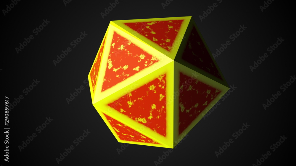 Poster computer generated icosahedron, 3d rendering of platonic with yellow edges and an orange center on a