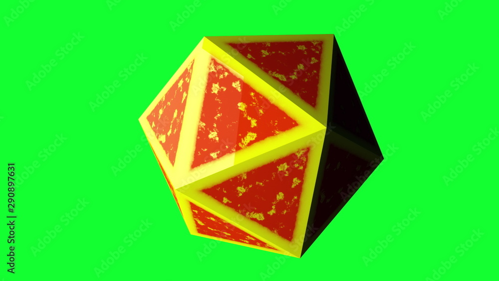 Poster computer generated icosahedron, 3d rendering of platonic with yellow edges and an orange center on a