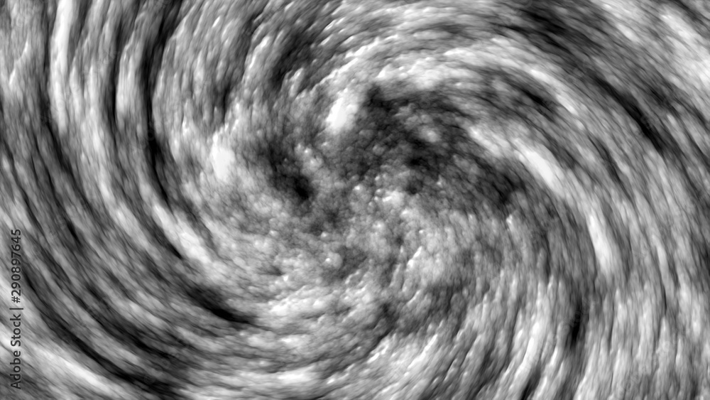 Poster 3d rendering, computer generated whirlwind animation of dense white clouds on a black background