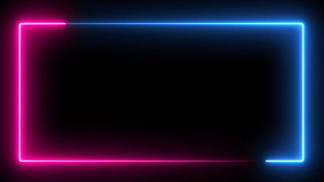 Computer generated color animation. 3D rendering neon frame of blue and pink colors on a black background