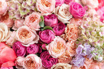 Close-up Large Beautiful bouquet of mixed flowers. Flower background and Wallpaper. Floral shop...
