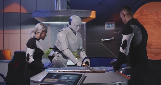 Biologists and robot planting seedlings on a Mars base
