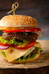 Cheese burger with vegetables close-up