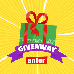 Giveaway gift concept for winners in social medias flat style design vector illustration. Internet give away poster for bloggers prize announcement random quizes flyer leflet on rays background.