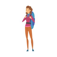 Female Tourist Standing with Backpack, Young Woman Going on Summer Vacation, Hiking, Adventures, Active Recreation Vector Illustration