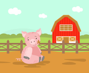 Cute Pig Farm Animal, Rural Landscape with Wooden Fence and Barn Vector Illustration