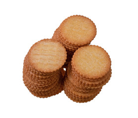 Crackers ,biscuit or cookie light yellow circles attractive to eat.There are three rows stacked together.Isolated on white background.Top view.