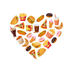 Fast Food Banner Template with Tasty Unhealthy Dishes Seamless Pattern in Heart Shape Vector Illustration