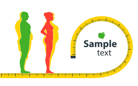 Weight loss concept. The influence of diet on the weight of the person. Man and woman before and after diet and fitness. Blank space for your content, template.