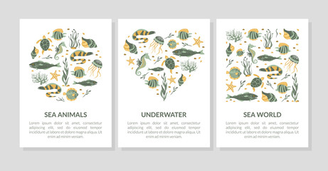 Sea World Banner Templates Set with Underwater Creatures and Space for Text Vector Illustration