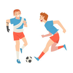 Man with Arm Prosthesis Playing Soccer with His Friend, Active Amputee Man Training with Soccer Ball, Friendship and Support, Person Enjoying Full Life Vector Illustration